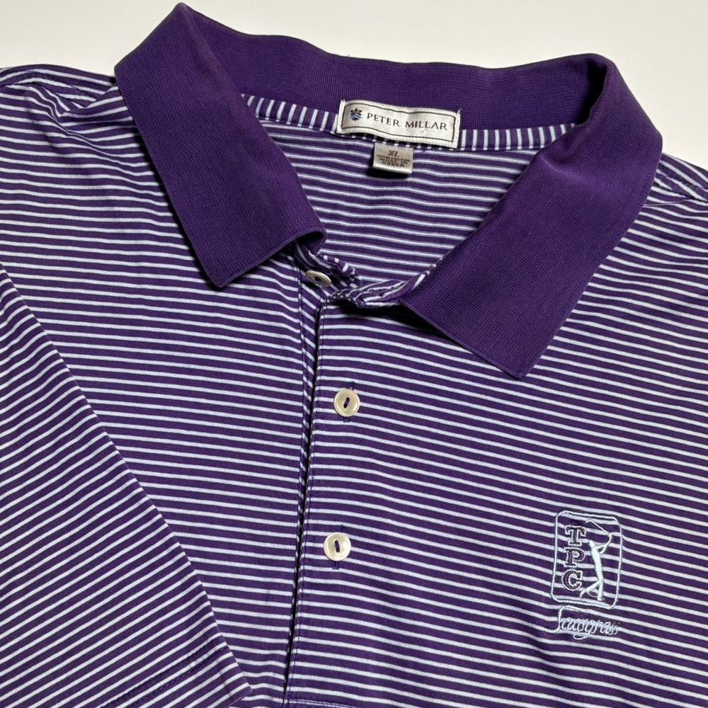 Peter Millar TPC Sawgrass Mens XL Purple Striped Cotton Golf Polo PGA Shirt